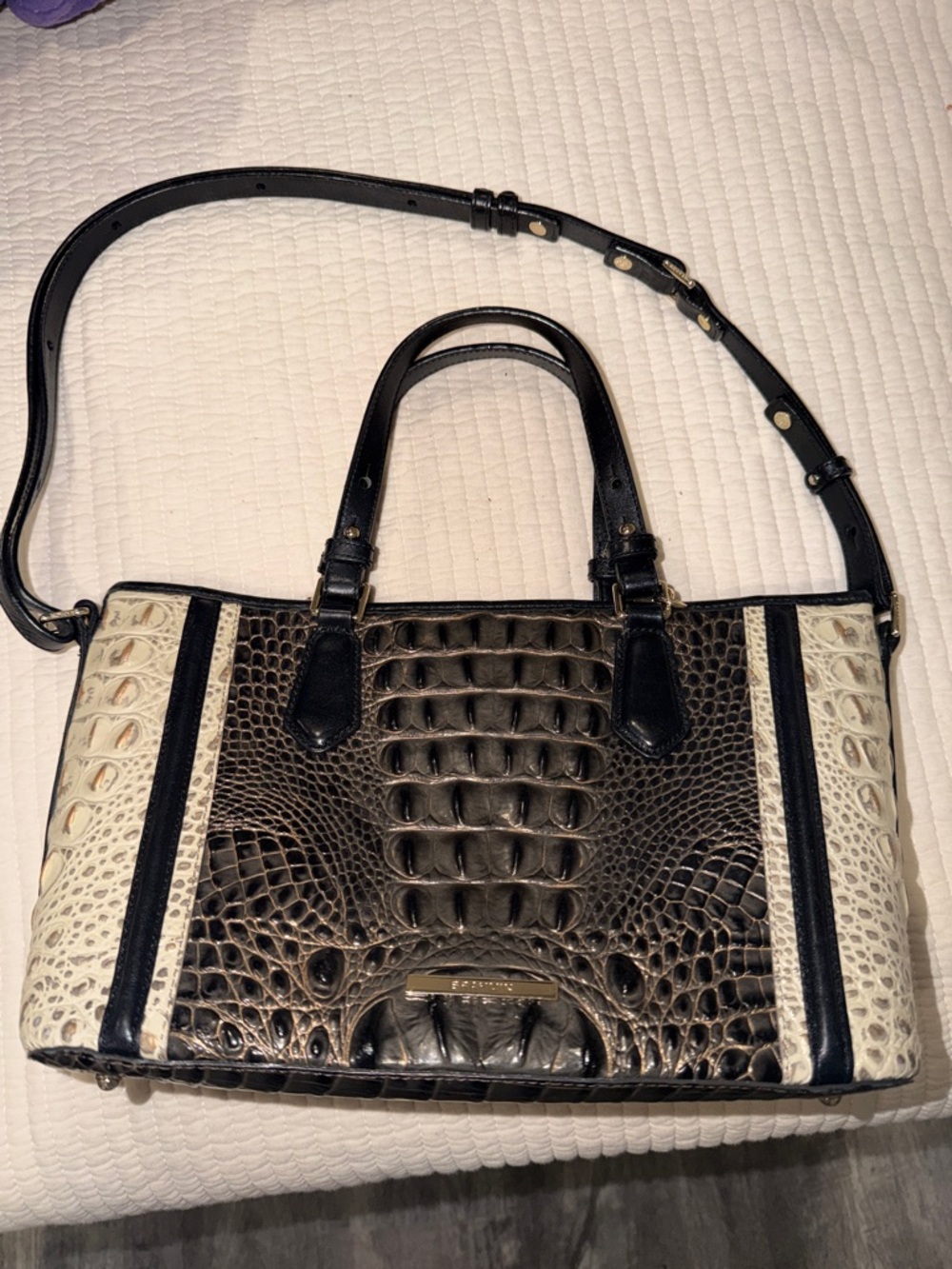 Brahmin Black and Cream Croc-Embossed Satchel with Strap